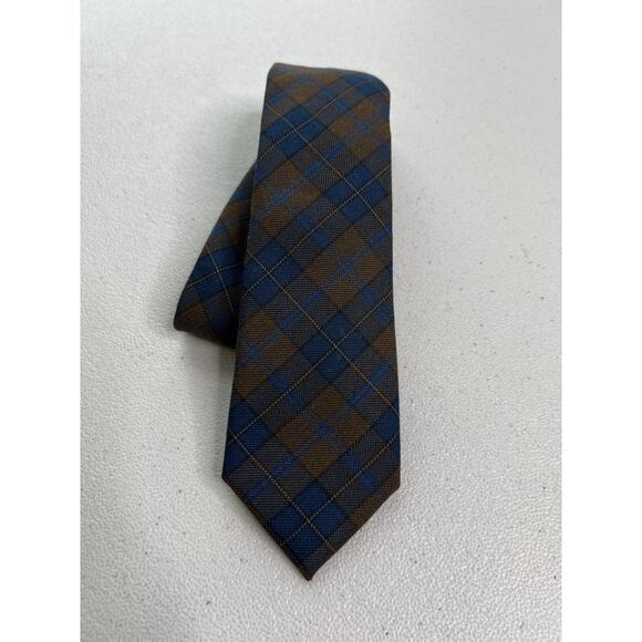 Public Opinion Brown and Blue Plaid Wool/Polyester Designer Skinny Tie - Picture 1 of 7